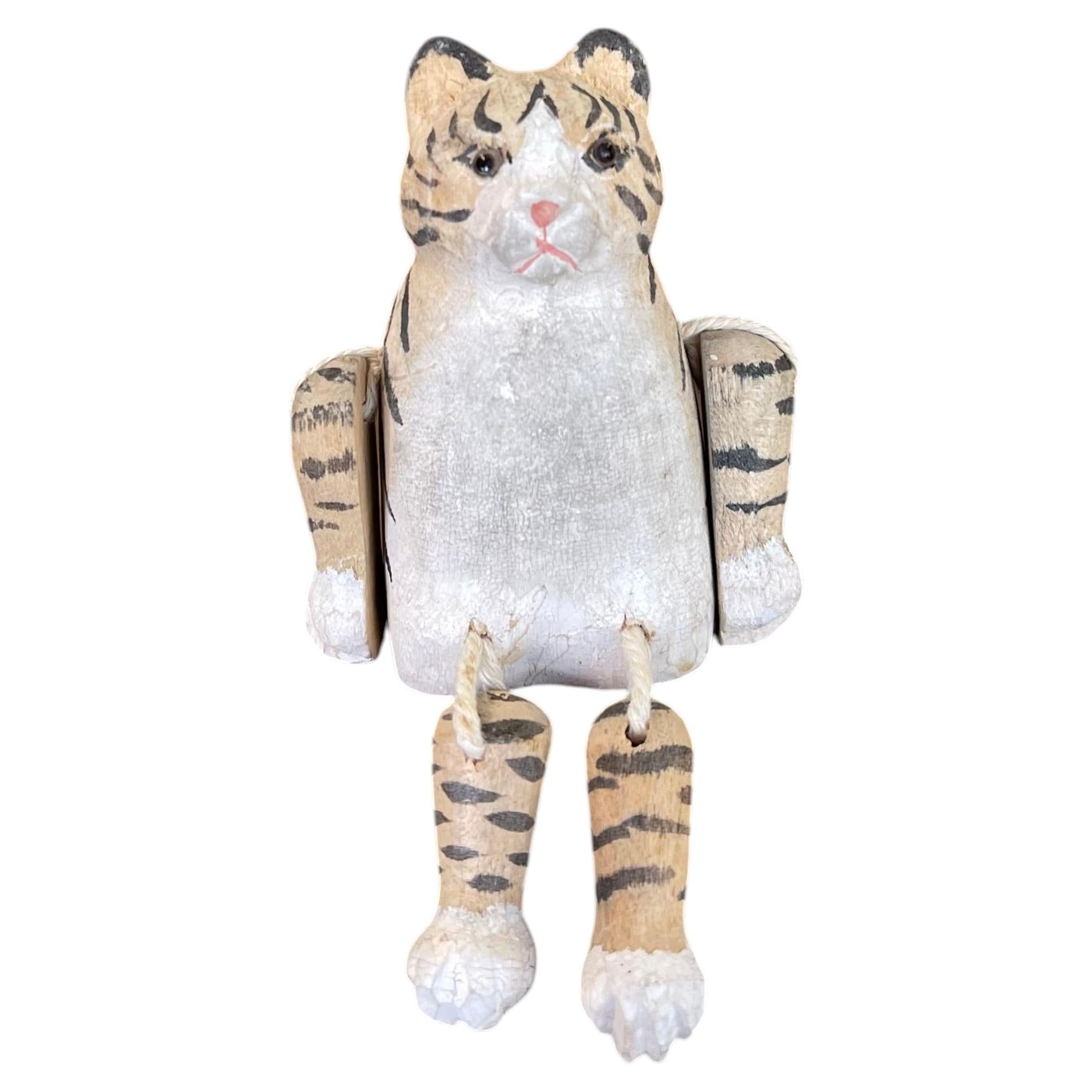 Hand-Carved Articulated Wooden Tiger or Cat Figurine with Painted Details. For Sale