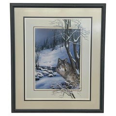 Vintage Original Framed and Signed Art Print Titled “ Wolf Lone Watcher “