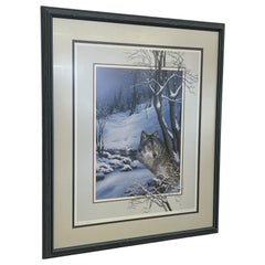 Vintage Original Framed and Signed Art Print Titled “ Wolf Lone Watcher “