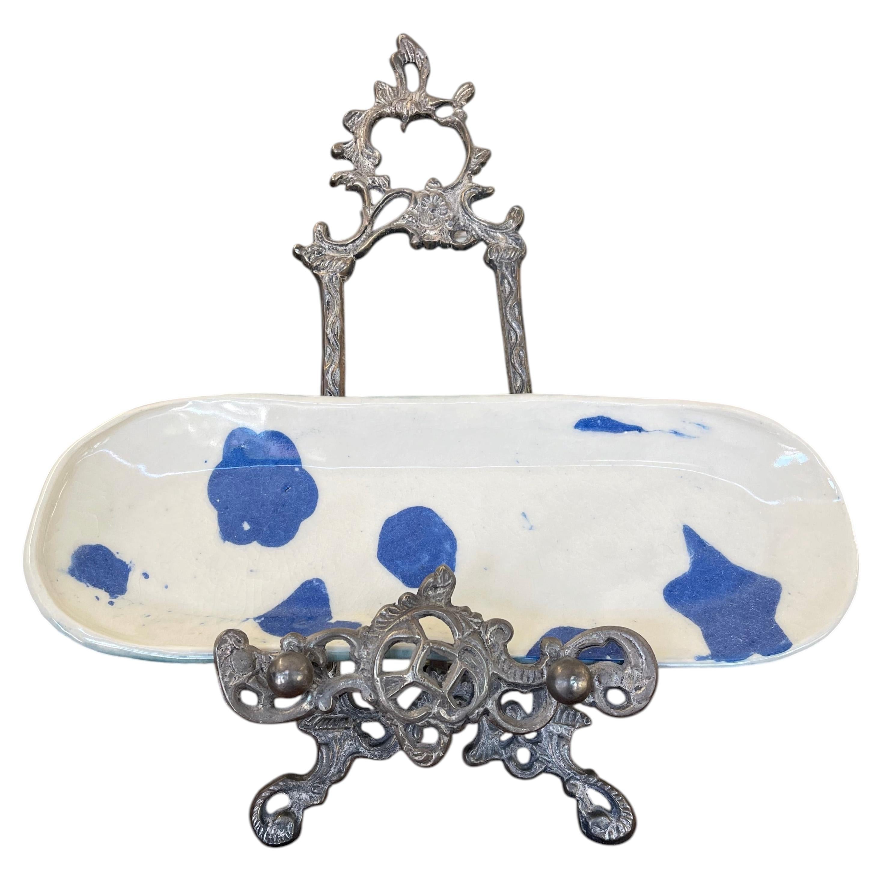 Handmade Studio Pottery Tray with Blue Abstract Glaze and Textured Underside For Sale