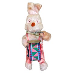 Vintage Wind-Up Bunny Rabbit Toy with Drum and Cymbals, 1950s-1960s.