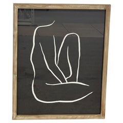 Gerahmtes, minimalistisches, abstraktes Kunstwerk mit weißen Linienfiguren auf schwarzem Hintergrund