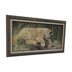 Lori Benton, 1988. Cuadro firmado de fauna salvaje que representa a un cachorro de león y un escarabajo en una pradera.