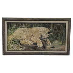 Lori Benton, 1988. Cuadro firmado de fauna salvaje que representa a un cachorro de león y un escarabajo en una pradera.