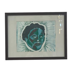 Framed Contemporary Figurative Portrait Print in Blue and Green.
