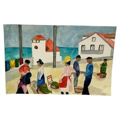 Signed M. Hinea Coastal Village Market Original Watercolor Painting.