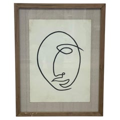 Framed Modernist Abstract Line Drawing Face Portrait with Linen Mat