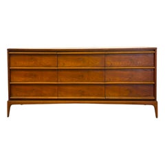 Mid-Century Modern 9-Drawer Walnut Lowboy Dresser Dovetailed Drawers by Lane.