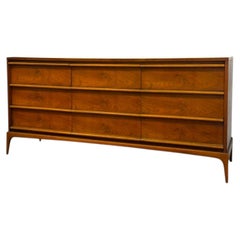 Mid-Century Modern 9-Drawer Walnut Lowboy Dresser Dovetailed Drawers by Lane.