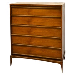 Vintage Mid-Century Modern 5-Drawer Walnut Highboy Dresser Dovetailed Drawers.