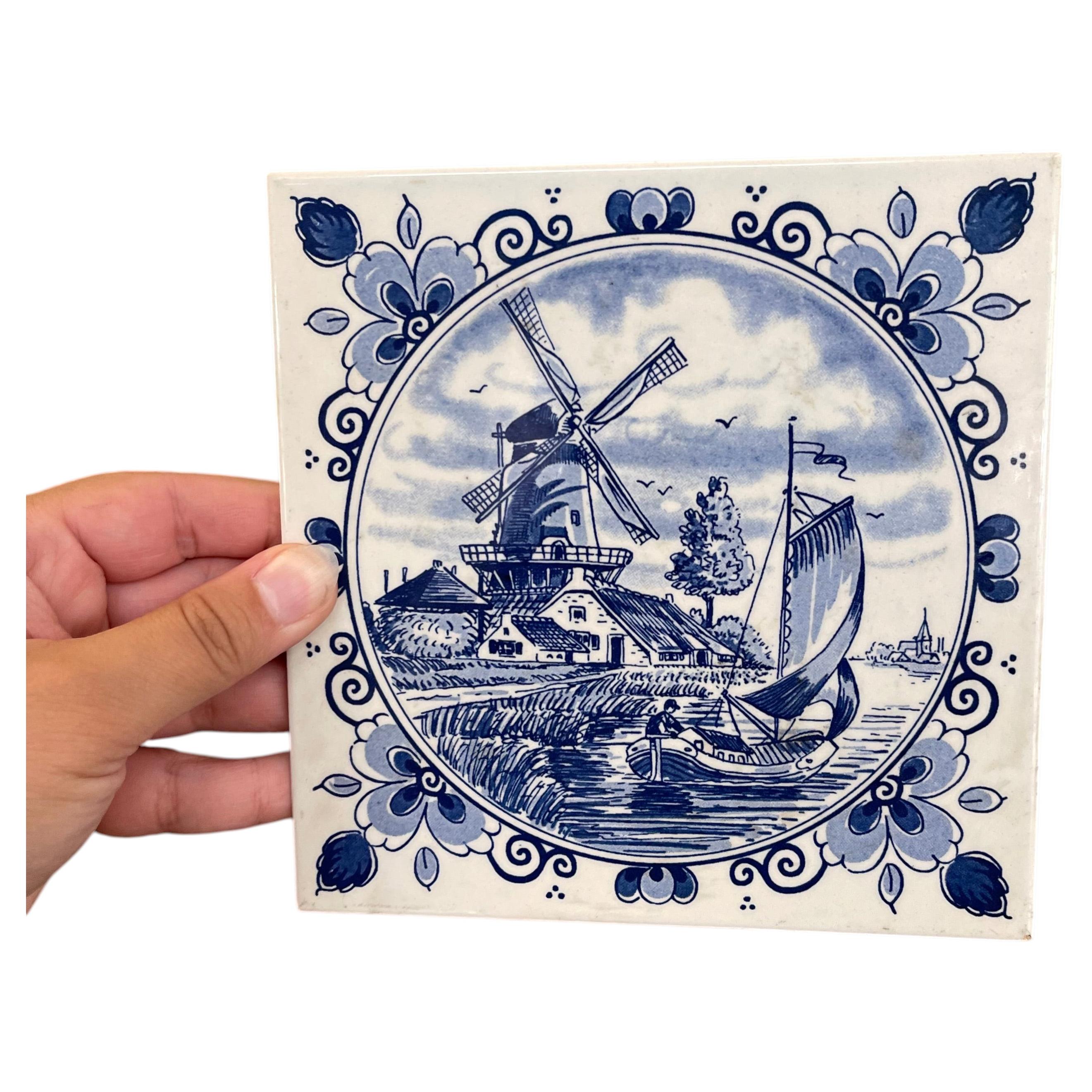 Vintage Dutch Delft Blue Ceramic Tile by Schoonhoven Keramiek, Holland. For Sale
