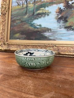 Vintage Bat Trang Vietnam Hand-Painted Ceramic Bowl with Green Relief Glaze.