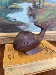 1960s Style Hand Carved Solid Walnut Whale Sculpture - Mid-Century Modern Decor.