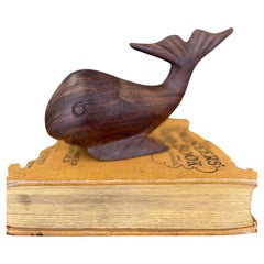 1960s Style Hand Carved Solid Walnut Whale Sculpture - Mid-Century Modern Decor.