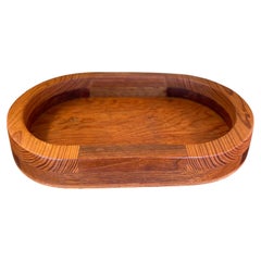 Vintage Mid-Century Modern Oval Wood Tray with Laminated Joinery and Raised Base