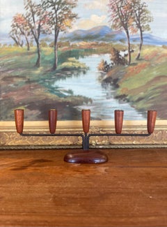 Mid-Century Modern Danish Style 5-Arm Candelabra with Sculptural Wood Base.