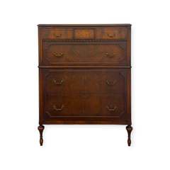 Vintage Traditional Burl Wood Tallboy Dresser with Floral Inlay.