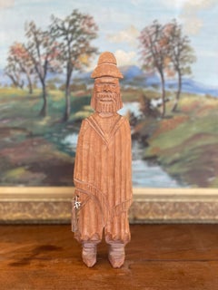 Hand-Carved Vintage Folk Art Wood Figure of Bearded Man with Hat.