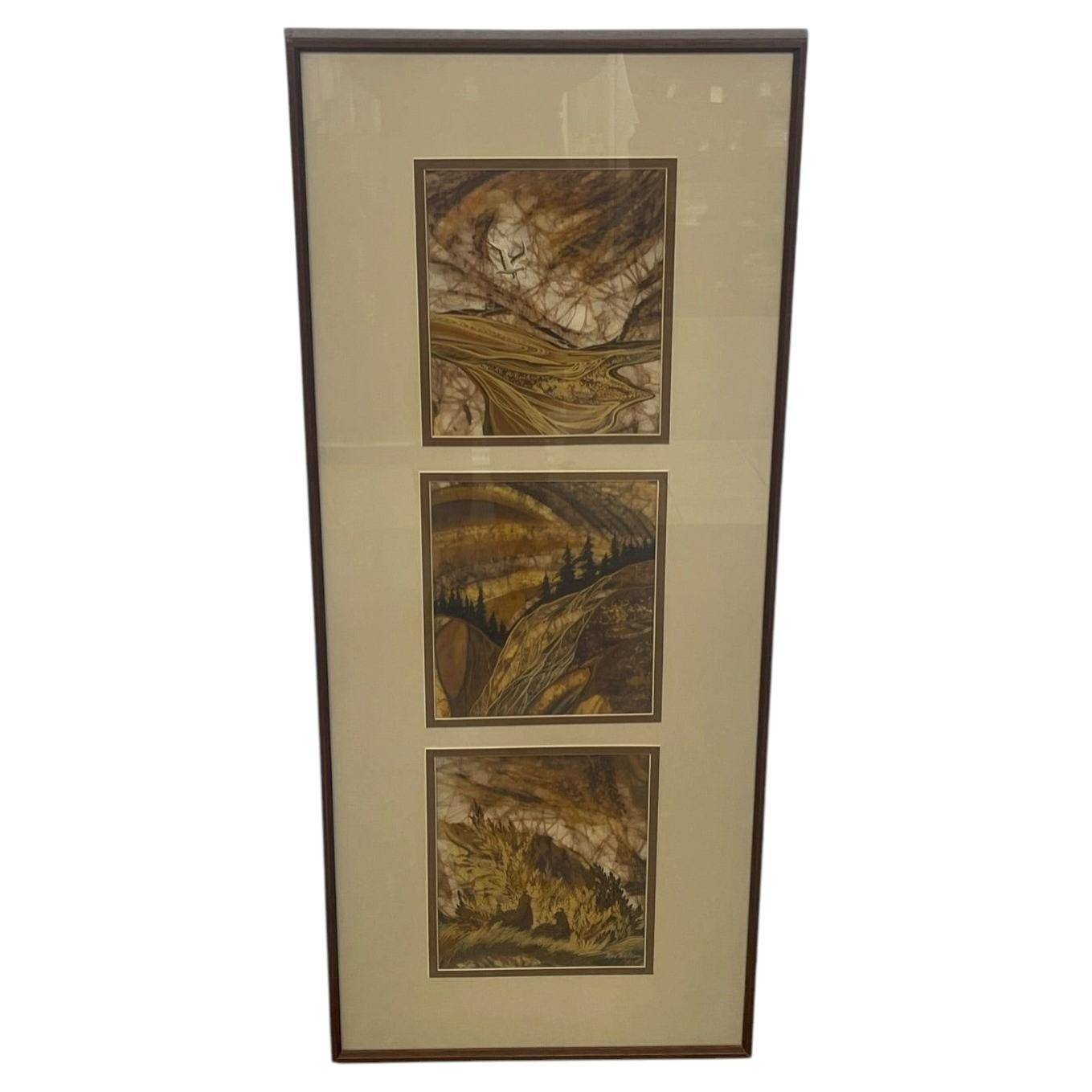 Louise "Lou" Wilson Signed Batik Art Triptych, Framed Nature Landscape.