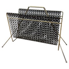 Mid-Century Modern Brass Toned and Black Enamel Metal Magazine Rack.