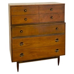 Vintage Mid Century Modern American Walnut Tallboy 5 Drawer Dresser.
