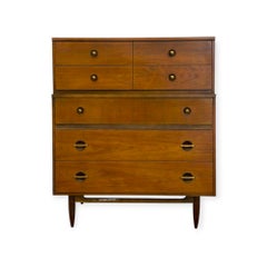 Vintage Mid Century Modern American Walnut Tallboy 5 Drawer Dresser.