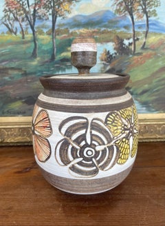 Vintage Mid-Century Studio Pottery Jar by Whearette with Lid and Floral Motif.