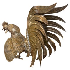 Vintage Sculptural Rooster Figurine in Possibly Brass w/ Oversized Tail Feather.