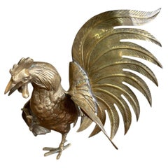 Vintage Sculptural Rooster Figurine in Possibly Brass w/ Oversized Tail Feather.