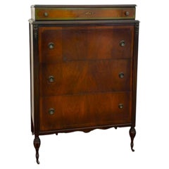 Antique 4-Drawer Wood Tallboy Chest of Drawers with Painted Accents.