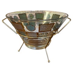Vintage Mid-Century Modern Glass Serving Bowl with Gold-Tone Metal Stand.