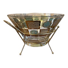 Vintage Mid-Century Modern Glass Serving Bowl with Gold-Tone Metal Stand.
