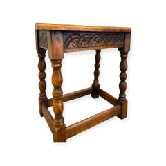 Antique Welsh Carved Wooden Joint Stool Side Table with Turned Legs UK Import.