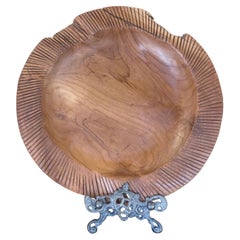 Mid-Century Hand-Carved Solid Wood Decorative Bowl with Chiseled Rim Detailing.