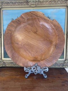 Mid-Century Hand-Carved Solid Wood Decorative Bowl with Chiseled Rim Detailing.