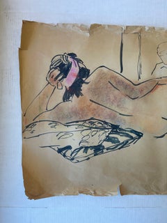 Vintage Mid-20th Century Life Drawing of Reclining Nude Woman.