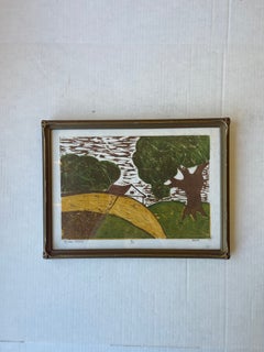 Signed Limited Edition “ Ella Hills” color woodblock print by EGM, 4/10, 1980s.