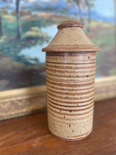 Vintage Hand-Thrown Studio Pottery Lidded Jar with Speckled Glaze.