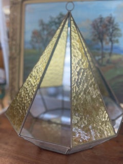 Vintage Geometric Hanging Lantern or Terrarium with Textured Amber Glass.