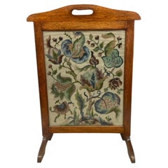 Antique Arts & Crafts Oak Fire Screen with Hand-Stitched Floral Needlepoint.