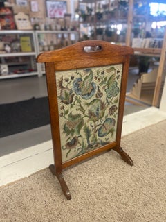 Antique Arts & Crafts Oak Fire Screen with Hand-Stitched Floral Needlepoint.