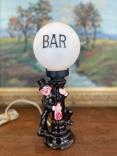 Whimsical Mid-Century Novelty Bar Lamp with Ceramic Drunk Man and Frosted Globe