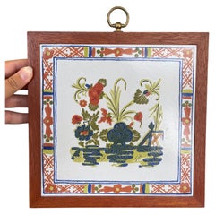 Vintage French Faience Style Ceramic Tile with Hand-Painted Floral Motif.