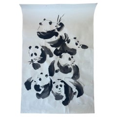 Vintage Ink Wash Painting of Pandas by J.P. Gaston, Sumi-e Style on Rice Paper.
