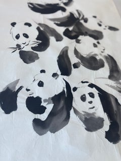 Vintage Ink Wash Painting of Pandas by J.P. Gaston, Sumi-e Style on Rice Paper.