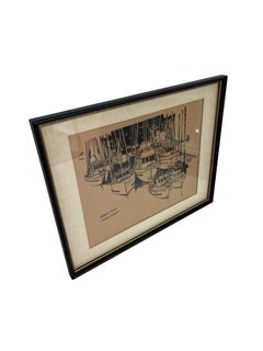 Reproduction encadrée de Bruce Boyd, « Halibut Boats, Juneau, Alaska », dans le style « Mid-Century ».