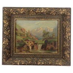 Peinture de paysage vintage originale dans un cadre ouvragé.