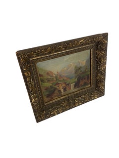 Peinture de paysage vintage originale dans un cadre ouvragé.