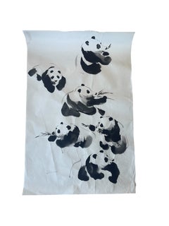Vintage Chinese-Style ink Painting of Pandas on Rice Paper, Signed J.R Gaston.
