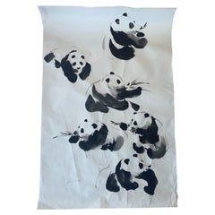 Vintage Chinese-Style ink Painting of Pandas on Rice Paper, Signed J.R Gaston.